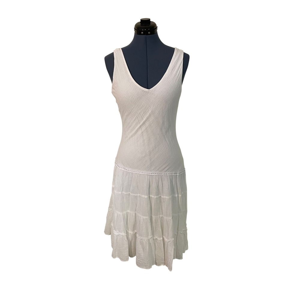 D.J. Summers White Cotton Crinkle Tiered Asymm Boho Midi Dress Beach Coquette M
